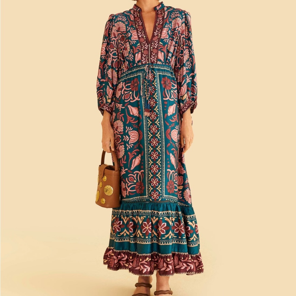 Farm Rio Teal Seashell Tapestry Lenzing™ Ecovero™ Viscose Maxi Dress